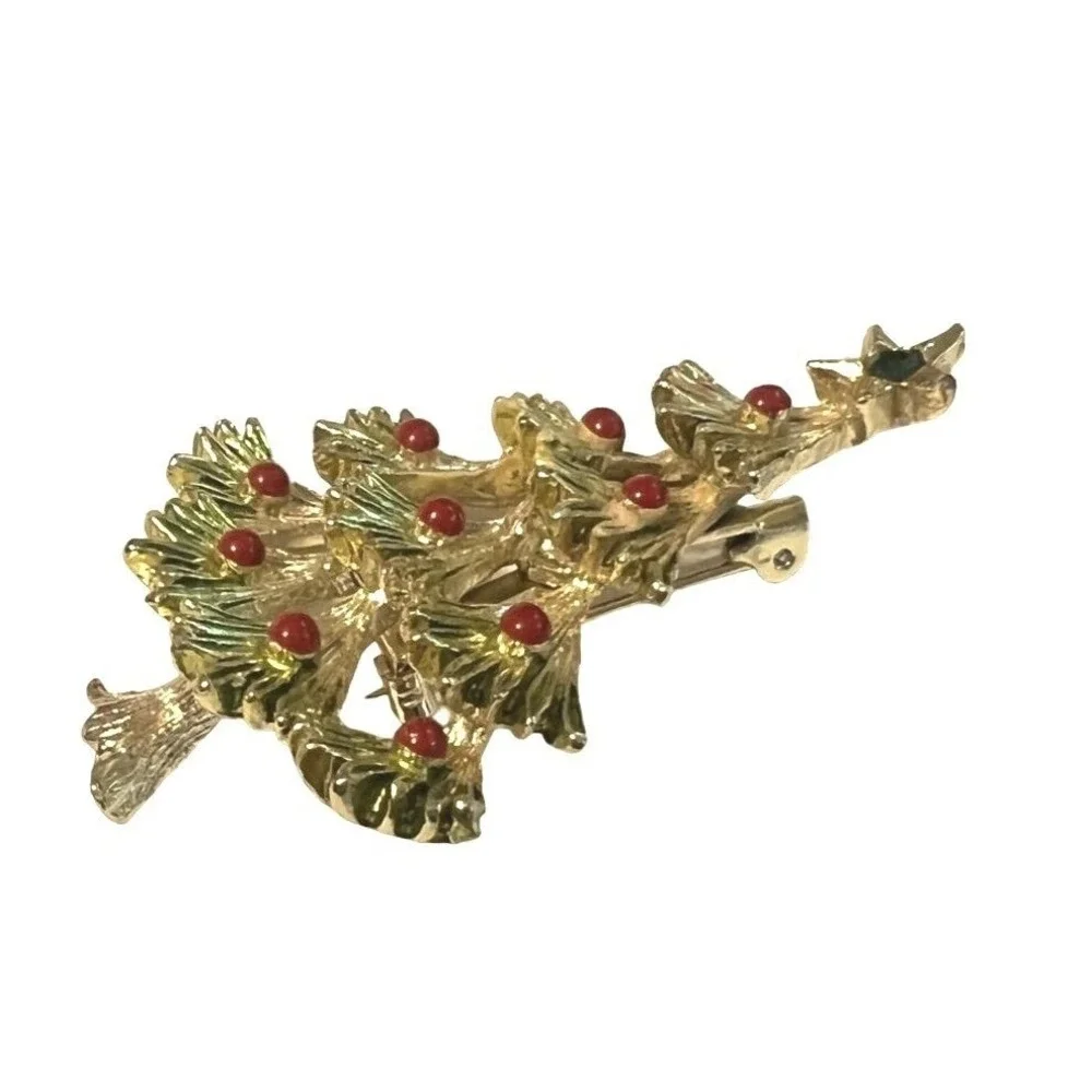 Vintage Gerrys Christmas Tree Brooch Pin Green Rhinestone Star Red Beads‎